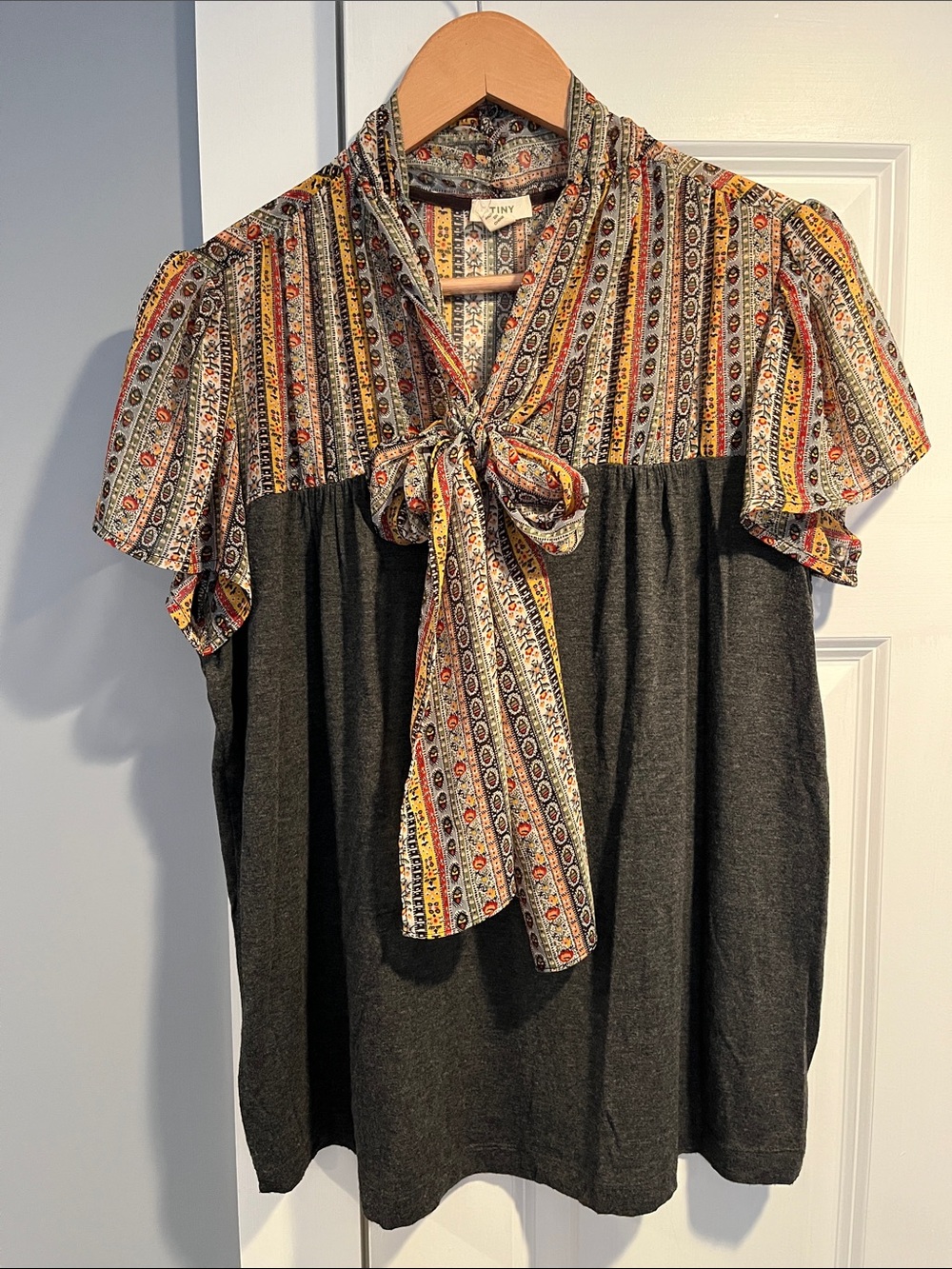 Tiny Anthropologie grey Mixed-Print Tie-Neck Blouse
